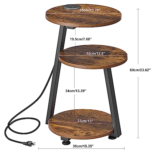 BEWISHOME Round End Table with Charging Station, Side Table Accent Nightstand Bedside Table with 3-Tier Shelves, Small Couch Table for Living Room Bedroom Rustic Brown KTZ51Z - color: Rustic Brown, size: with PowerOutlet