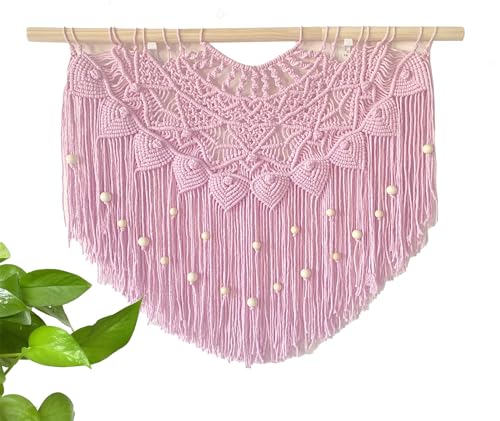 Youngeast Large Macrame Wall Hanging Boho Beaded Curtain for Window Macrame Bedroom Headboard Living Room Wall Art Tassel Tapestry Bohemian Woven Wall Decor 31" W X 25" H (Pink) - color: Pink