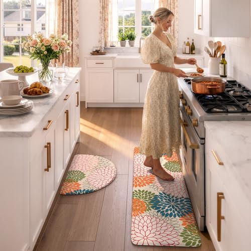 KIMODE Half Circle Kitchen Mats for Floor Cushioned Anti Fatigue,Semi Round Boho Kitchen Rug Sets of 2 Non Slip,Waterproof Padded Kitchen Floor Mat Carpet Decor for Sink Laundry Bathroom,Colorful - color: Colorful, size: 18" x 28"+18" x 47"-0.47 inches