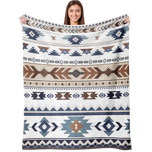 Aipon Boho Aztec Throw Blanket 50"x 60", Western Indian Native American Blanket Southwestern Decor, White Brown Soft Cozy Lightweight Throws Blankets Gifts for Women Men Couch Bed Sofa Chair - color: White Brown, size: 50.00'' × 60.00''