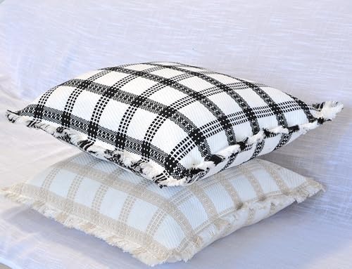 Checkered Throw Pillow Covers with Fringe Set of 2 Woven Cotton Plaid Cushion Covers With Tassels Trim Edge Square Pillow Cases Classic Scandinavian Cottagecore Checks Pattern Black and White 20x20 - color: Black, size: 20" x 20" (Pack of 2)