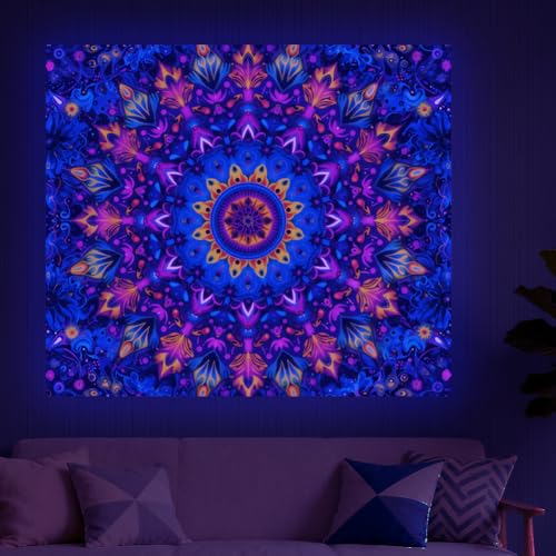 CRAFTYMELODY Mandalas Blacklight Tapestry Glow in the Dark Tapestry UV Reactive Multicolor Mandalas Wall Hanging 59×51 Inch with Hook Self Adhesive Sticker Clip for Bedroom Home Wall Decoration - color: Mandalas