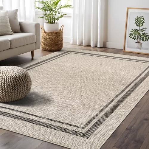 Beverly Rug Easy Jute Bordered Rug 4x6 Washable Durable Indoor Outdoor Area Rugs for Living Dining Room Patio Office Stain Resistant Non Shedding Casual Indoor Outside Carpet 4 x 6 Off-White - color: Bordered/Off-white-black, size: 4' x 6' (Rectangular)
