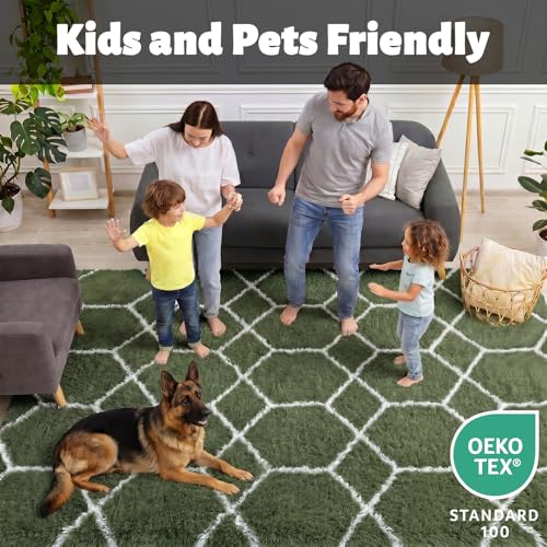 ONASAR Area Rugs for Bedroom Living Room, 4x6 Fluffy Olive Green and White Throw Rug, Soft Plush Fuzzy Shaggy Geometric Floor Carpet for Nursery Kids Girls Boys Teen Dorm Home Decor Aesthetic - color: Olive Green / White, size: 4' x 6' (Rectangular)