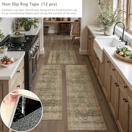Vintage Kitchen Rug Set of 3 Washable Green Brown Kitchen Mats for Floor Non-Slip Kitchen Runner Rug Soft Low Pile Distressed for Bathroom Laundry Hallway Sink Entryway - color: Retro/Green Brown, size: 20"x32"+20"x48"+20"x59"