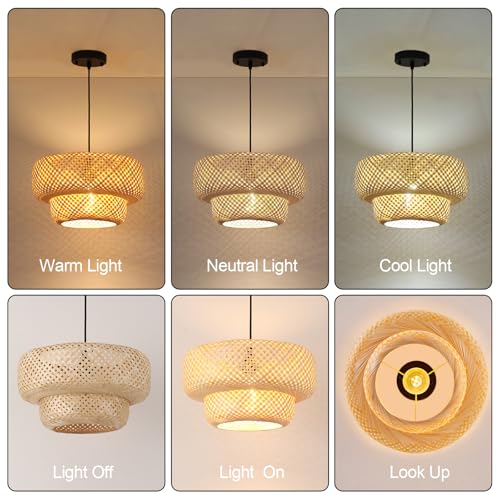 Farmhouse Bamboo Pendant Lights 13.8" Coastal Natural Rattan Wicker Chandelier Light Hand-Woven Dining Room Lighting Fixture for Kitchen Island Living Room Bedroom Restaurant Foryer - color: Beige-13.8IN