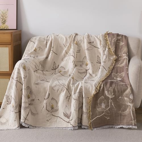 Lemfux 4-Layer 100% Cotton Muslin Cooling Blanket, Boho Floral Gauze Throw with Fringe, Ultra Soft Breathable Lightweight Bedspread Coverlet for Bed Sofa Couch - color: Magnolia Floral, size: 60"x80"