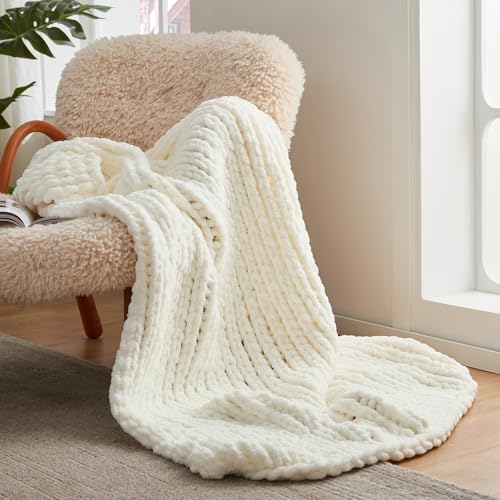 Amélie Home Chunky Knit Throw Blanket for Couch, Soft Chenille Handmade Crochet Throw Rope Knot Blanket for Couch, 60"x80", Ivory - color: Ivory, size: 60"x80"
