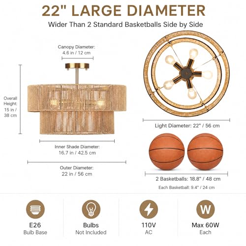 22” Boho 2-Tier Rattan Ceiling Light Fixture, 5-Light Flush Mount Woven Chandelier for Bedroom, Dining Room, Kitchen, Entryway, Living Room, Rustic Gold Lighting - color: Pattern C
