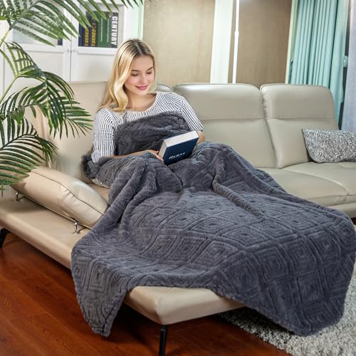 Geometric 50x70 Inch Flannel Jacquard Throw Blanket- Soft & Cozy Luxurious Blankets for Couch, Bed, Sofa, Travel，Home and Dorm Decor，Housewarming Gift for Women & Men,Dark Grey - color: Slate Gray
