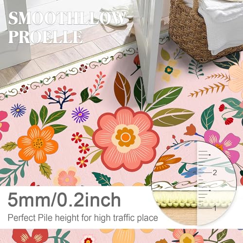 2x3 Feet Floral Area Rug Non-Slip Low Pile Soft Washable Pink Rug for Girls' Rooms, Bedroom, Entryway, Kitchen – Lightweight Easy Clean Modern Decorative Carpet - color: Floral, size: 2'x3'