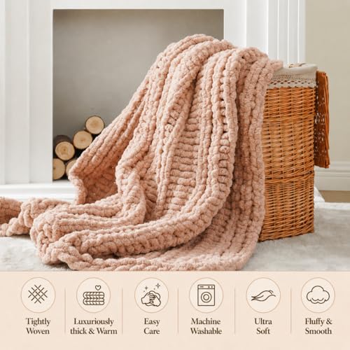 Battilo Chunky Knit Throw Blanket for Couch, Hand Made Chenille Throw Blanket, Super Soft Warm Cozy Pink Blanket for Bed, Sofa, Living Room, 50"x60" - color: Pink