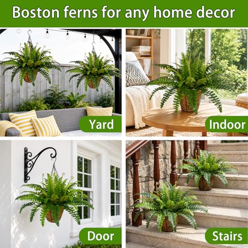 2 Set Artificial Hanging Ferns for Outdoors with Hanging Baskets, UV Resistant Artificial Outdoor Plants, Faux Ferns Outdoor Hanging Basket for Front Porch Garden