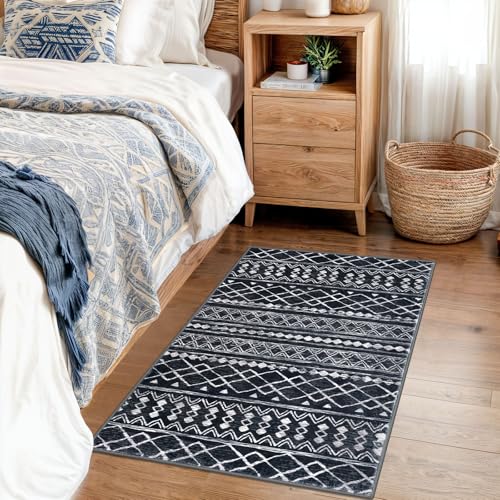 KUTA Moroccan Boho Entryway Rug, 2x3 Black Entrance Small Area Rug Non-Slip Washable, Ultra Soft Vintage Geometric Low-Pile Indoor Door Mat Floor Carpet for Kitchen - color: Black Navy Blue/White, size: 2' x 3' (Rectangular)