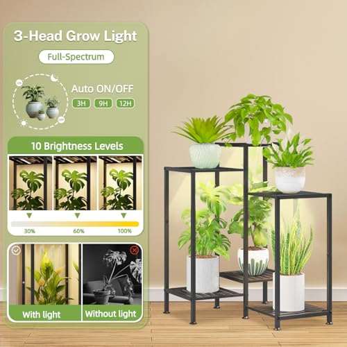 iDavosic.ly Indoor Plant Stand with Grow Light, Metal 6 Tier Corner Flower Holder Shelf Outdoor for Large Pots, Tall Rack for Patio Porch Balcony Living Room, Black - color: Black with Light, size: 6 Tiers