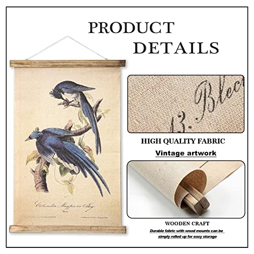 ABoby Vintage Birds Hanging Poster, Retro Style of Wall Art Prints, Printed on Linen with Wood Frames, Ready to Hang - color: Birds