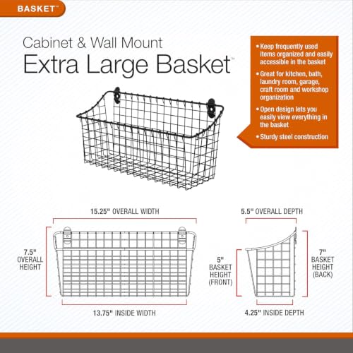 Spectrum Extra Large Wire Wall Mount Storage Basket Industrial Gray, Vintage Wire Basket Wall Mount Organizer Modern for Pantry Kitchen and Bath, Versatile Wall Mount Storage Basket Wire Caddy - size: Extra Large