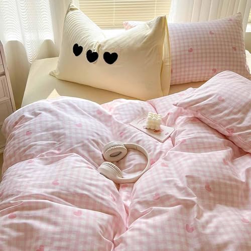 Nanko Pink Gingham Duvet Cover Full Size, 3 pcs Plaid Checked Grid Heart Pattern Printed Microfiber Bedding Comforter Cover Set, All Season Soft Geometric Quilt Cover for Girl 80x90 inch - color: Cover(no Comforter)-pink Plaid, size: Full