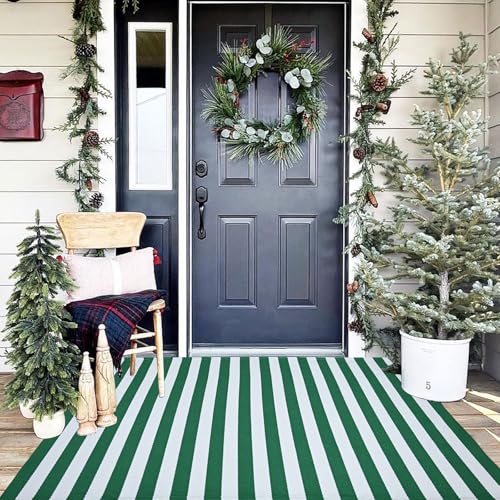 Green & White Striped Rug, 3' x 5' Indoor/Outdoor Area Rug for Front Porch, Entryway, Machine Washable Cotton Woven Welcome Door Mat - color: Green & White Stripe, size: 3' x 5' (Rectangular)