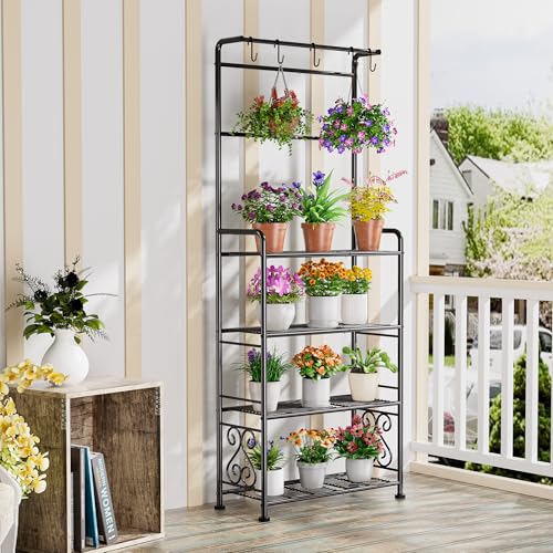 Plant Stand Indoor Outdoor Heavy Duty Metal - 68.4" Tall 4-Tier Shelf for Multiple Plants, Flowers, Rustproof Black Storage Rack for Patio, Balcony, Living Room, Garden, Includes Hooks&Adjustable Feet - size: A-4Tier-2Hanger