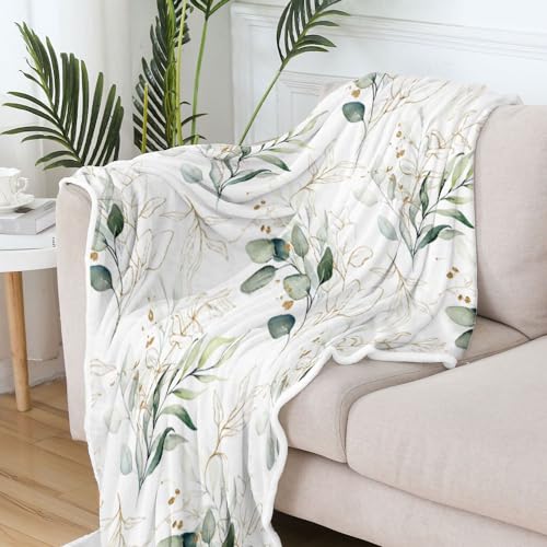 Eucalyptus Leaf Blanket, Botanical Plants Throw Blanket, Soft, Flannel, Warm, Watercolor Floral Throw Blankets Green Botanical Floral Aesthetic Bed Blankets for Couch Bedroom Living Room 60X80 Inch - color: Green, size: 60 X 80