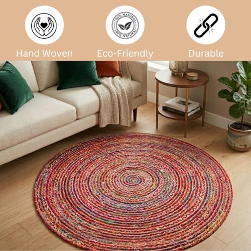 WeWove Hand Woven Area Rug 8 Feet Round - Jute Cotton Area Rug Rustic Farmhouse Boho Accent Rug for Living Room Bedroom Kitchen Dorm Entryway Hallway - Handcrafted Floor Rug - size: 8' (Round)