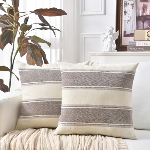 AmHoo Pack of 2 Farmhouse Linen Throw Pillow Cover Cushion Stripe Decoration Buffalo Retro Pillowcase with Hidden Zipper for Sofa Bedroom Car 18 x 18 Inch Brown - color: Brown, size: 18" x 18" (Pack of 2)