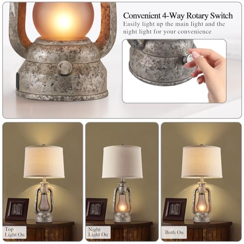 Farmhouse Rustic Table Lamps Set of 2, Iron Gray | Vintage Lantern Design, Dual USB Ports, 25 Inch Tall, 4 Bulbs Included - color: Iron Gray - 25'' Lantern Lamps