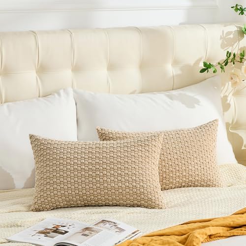 GAWAMAY Decorative Corduroy Lumbar Throw Pillow Covers 12x20 Inch Set of 2 for Living Room Couch Bed Sofa, Farmhouse Cushion Cover Soft Striped Neutral Pillow Cases Boho Home Decor (30x50cm) Beige - color: Beige, size: 20" x 12" (Pack of 2)