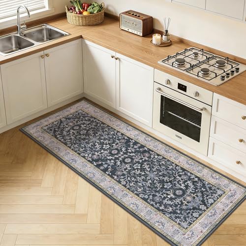 U'Artlines 2' x 6' Boho Hallway Runner Rug Vintage Farmhouse Non Slip Soft Washable Accent Runner Carpet for Kitchen, Entryway, Laundry, Living Room(Dark Grey) - color: Dark Grey, size: 2' x 6' (Runner)