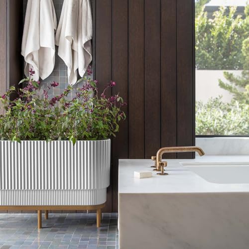 Veradek Demi Series Raised Long Planter for Indoor/Outdoor Use | Made from Plastic & Stone w/Wooden Stand | Modern Patio Décor for Flowers/Shrubs - color: White/Brown, size: 30 inch