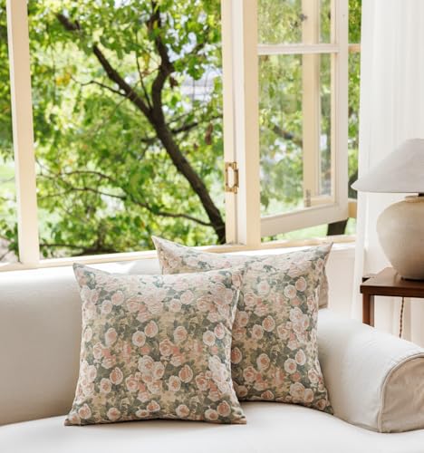 Spring Floral Woven Pattern Throw Pillow Cover Decorative Vintage Farmhouse Home Decor Textured Cushion Case for Couch Sofa Bed Living Room Bedroom (Green, 20x20 (Pack of 1)) - color: Green, size: 20" x 20" (Pack of 1)