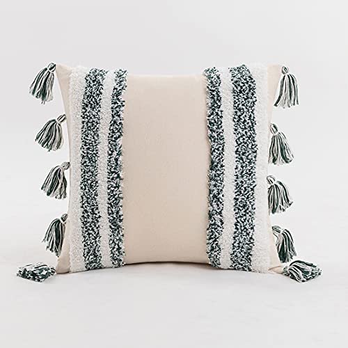 Boho Throw Pillow Cover Tufted Woven Decorative Pillowcase with Tassel Accent Square Farmhouse Stripe Cushion Cover for Sofa Bed Living Room (Green,18x18 Inch) - color: Green, size: 18" x 18" (Pack of 1)