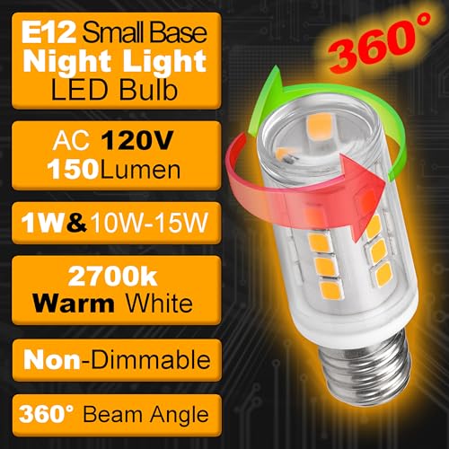 E12 LED Candelabra Base Night Light Bulb 1 Watt Equivalent 10W 15W, AC120V 150lm 2700K Warm White C7 E12 Small Bulbs for Salt Lamp Appliance Bulb Decorative String Lights, Non-dimmable, 4 Pack - color: 2700k Warm White, size: 1 Watt-Non-dimmable-4 Pack