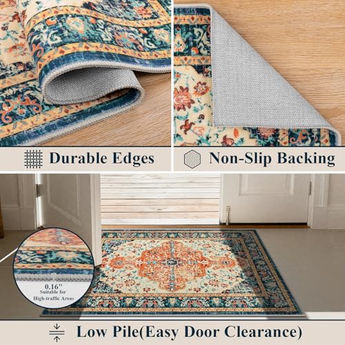 U'Artlines 2x3 Washable Boho Area Rug, Small Non Slip Vintage Doormat for Indoor Front Door Ultra Thin Mat Carpet for Entryway Kitchen Bathroom Bedroom Orange/Multi - color: Orange/Multi, size: 2' x 3' (Runner)
