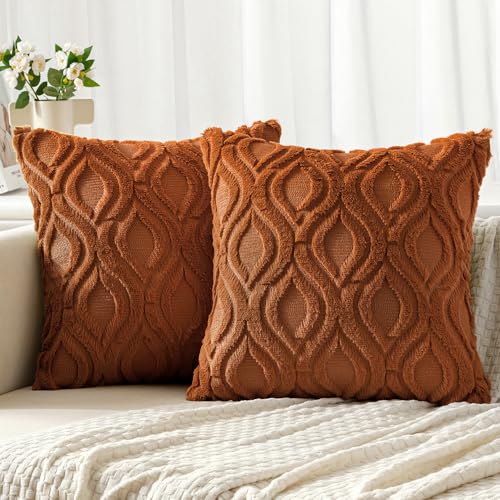 MIULEE Burnt Orange Fall Throw Pillow Covers 18x18 Inch, Soft Plush Faux Wool Solid Couch Pillows Set of 2, Decorative Farmhouse Boho Cushion Covers for Sofa Living Room Bed Home Decor - color: Burnt Orange, size: 18" x 18" (Pack of 2)