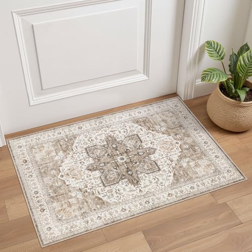 Tortania Area Rug 2x3 Doormat - Washable Vintage Oriental Farmhouse Soft Thin Indoor Carpet for Living Room Bedroom Hallway Entryway Kitchen - Brown - color: Brown, size: 2' x 3' (Rectangular)
