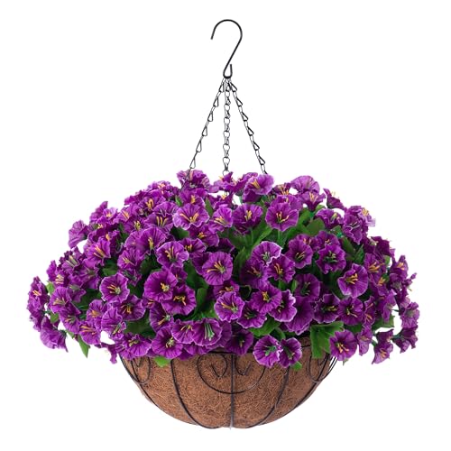 Artificial Hanging Flower Plants with Basket for Spring Summer Outdoor Decoration, Faux Petunias Flowers Fake Morning Glory Planter for Outside Patio Garden Porch Balcony Yard Spring Decor(Lotus) - color: Lotus