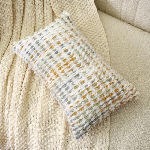 Aeckself Boho Chenille Tufted Pillow Cover 12 x 20 Inch, Rectangle Decorative Lumbar Throw Pillow Cover Neutral Pillowcase for Couch Bedroom Living Room, Yellow White - color: Yellow White, size: 20" x 12" (Pack of 1)