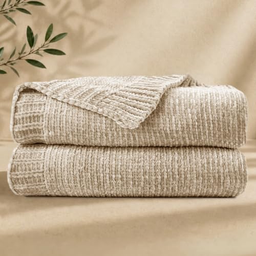 Chenille Throw Blanket for Couch, Cozy Soft Blanket Twin Lightweight Decorative Throw for Living Room Sofa Chair, Stylish Home Decor, Ideal for Gifting, Beige 60"x80" - color: Beige, size: Twin