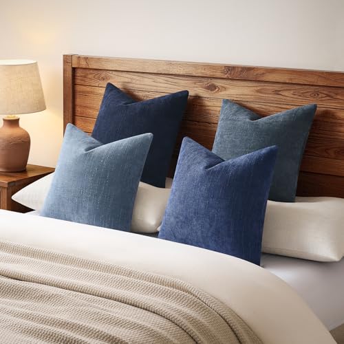 Pack of 4 Throw Pillow Covers 22x22 Inch Chenille Textured Neutral Blue Soft Pillow Covers Solid Decorative Farmhouse Cushion Covers Home Boho Decor for Couch Sofa Bed Living Room - color: Neutral Blue, size: 22" x 22" (Pack of 4)