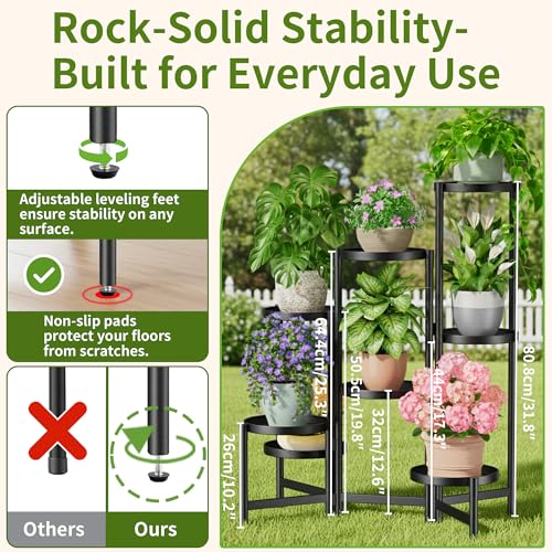 8 Tiered Plant Stand Indoor for Multiple Large Planter, Tall Heavy Duty Adjustable Folding Rack with Rustproof 7.9 Inch Wide Tray, Plant Shelf for Corner Living Room - BlackDisk - color: BlackDisk, size: 8-tiers