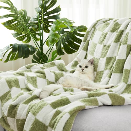 Checkered Throw Blanket, Sage Green Soft Cozy Fluffy Knitted Throw Blankets for Couch, Sofa, Bed, Chair, Warm Fuzzy Travel Picnic Lightweight Plaid Blanket, 50x70 inches - color: Sage Green, size: 50×70 Inch