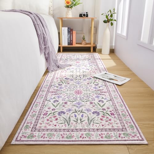 Amearea Purple Runner Rugs for Hallway, 2x6 Feet Area Rugs for Bedroom Girls, Washable Floral Collection Bedside Rugs Low Pile Print Carpet, Kids Room Entrance Kitchen Living Room Decor - color: Purple, size: 2x6 Feet