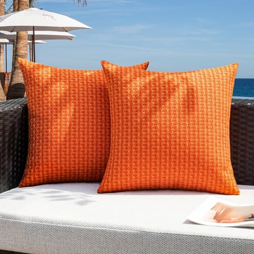 Kevin Textile Fall Outdoor Waterproof Throw Pillow Covers Pack of 2 Weaving Texture Water Resistant Outside Decorative Cushion Covers for Garden Patio Tent Balcony Bench Couch Sofa 16x16 Inch, Orange - color: Orange, size: 16" x 16" (Pack of 2)