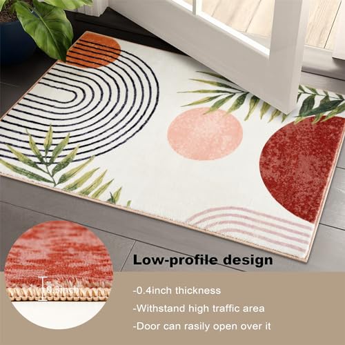 RoomTalks Boho Cute Bathroom Rugs Bath Mat Non Slip Washable, Modern Abstract Geometric Shape with Tropical Leaves 2x3 Small Area Rug for Bedroom Kitchen, Neutral Contemporary Retro Indoor Entry Rug - color: Terracotta and Black, size: 2' x 3' (Rectangula