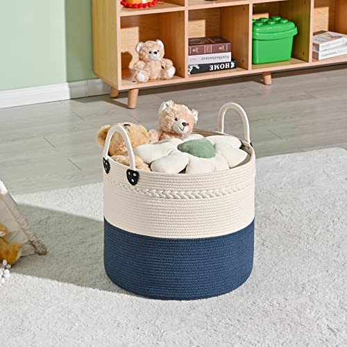 KAKAMAY Large Blanket Basket (18"x18"x16"),Woven Baby Laundry Hamper for Storage, Cotton Rope Blankets Baskets for Nursery, Laundry, Living Room, Pillows, Baby Toy chest with Handles (Navyblue) - color: Navyblue
