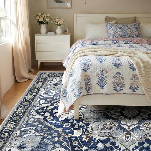 9x12 Blue Washable Area Rug - Large Boho Vintage Farmhouse Living Room Rug with Non-Slip Backing, Faux Wool Low Pile Indoor Carpet for Bedroom, Under Dining Table, Office - Navy Blue Multi - color: Navy Blue& Multi, size: 9' x 12' (Rectangular)
