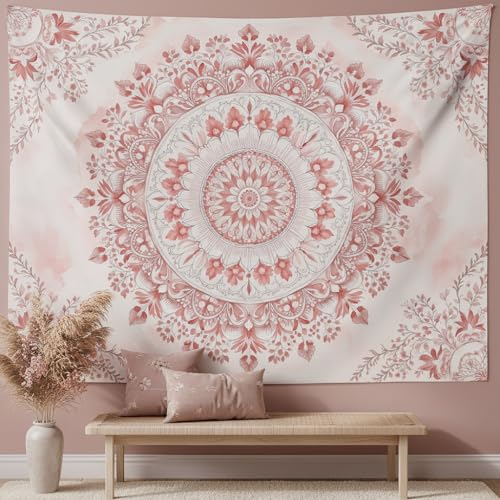 Accnicc Pink Floral Mandala Tapestry Wall Hanging Boho Medallion Tapestry Aesthetic Watercolor Flower Cute Small Tapestries for Bedroom Living Room Dorm Decor 60 x 44 Inch - color: Light Pink, size: 60"L x 44"W