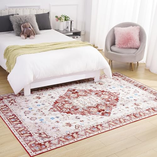 Amearea Vintage Design Area Rugs for Living Room, 4x6 Machine Washable Floral Collection Traditional Bedroom Rug, Low Pile Cute Kids Room Print Carpet, No Slip Office Kitchen Home Decor, Red - color: Red, size: 4' X 6' (Rectangular)